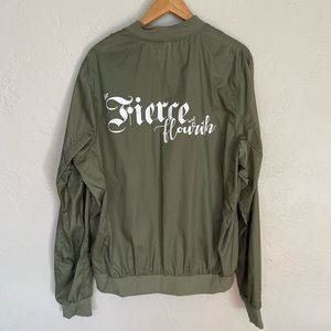 Army Green Windbreaker Jacket with Fierce and Flourish Graphic on Back Size L